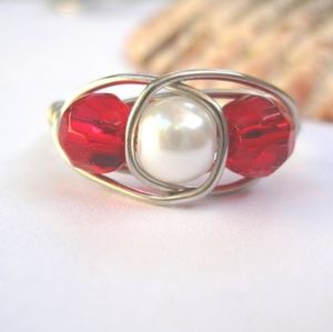Pearl and red crystal wire wrapped ring, handmade jewelry, gift for women, teens